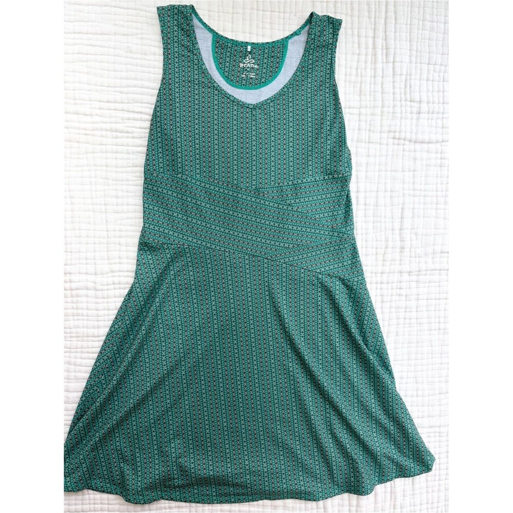prAna Sleeveless Dress M Green Geometric Faux Wrap Travel Outdoor Stretch Midi